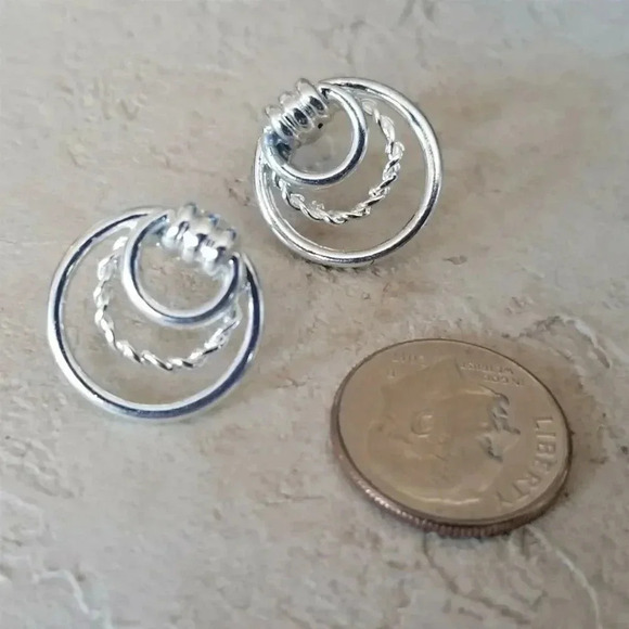 Art Deco Circles Hoop and Twist Sterling Silver Plated Stud Earrings - Picture 5 of 6